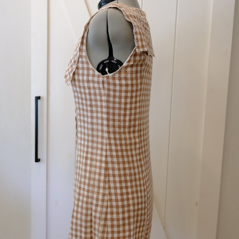 Zara tan and white Gingham Embroidered collar sundress - M - Picture 3 of 5